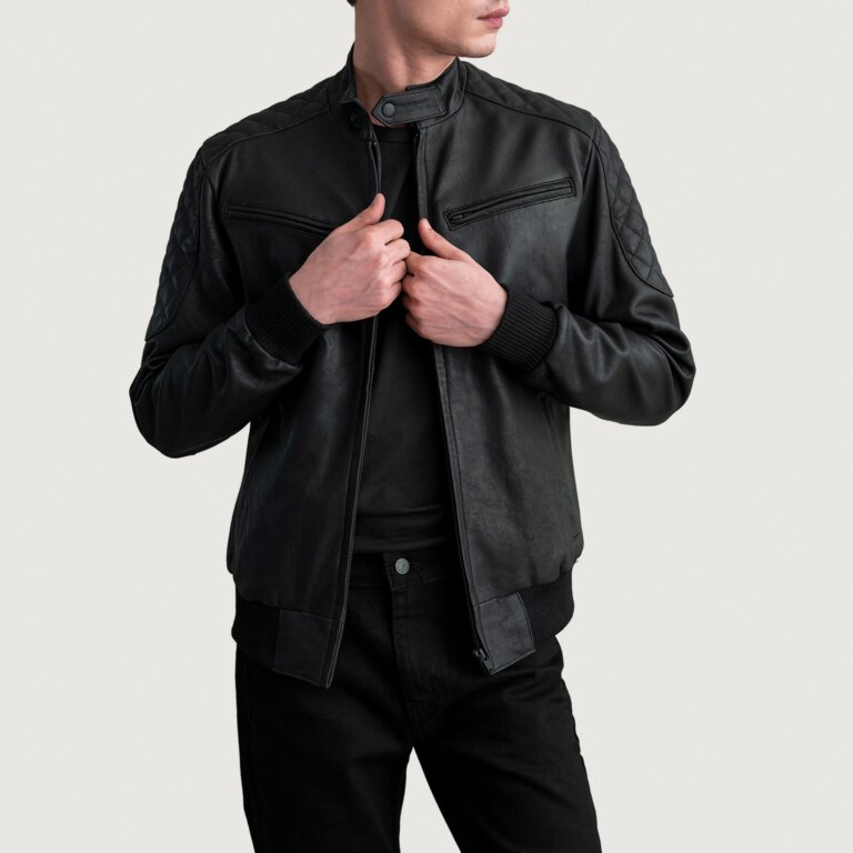 Mens Sven Tumbled Black Leather Bomber Jacket Open Front-4-1724139620149
